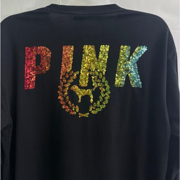 Victoria’s Secret PINK Rainbow Sequin Logo Cotton Campus Tee Sleeve Shirt Size M - Picture 2 of 9